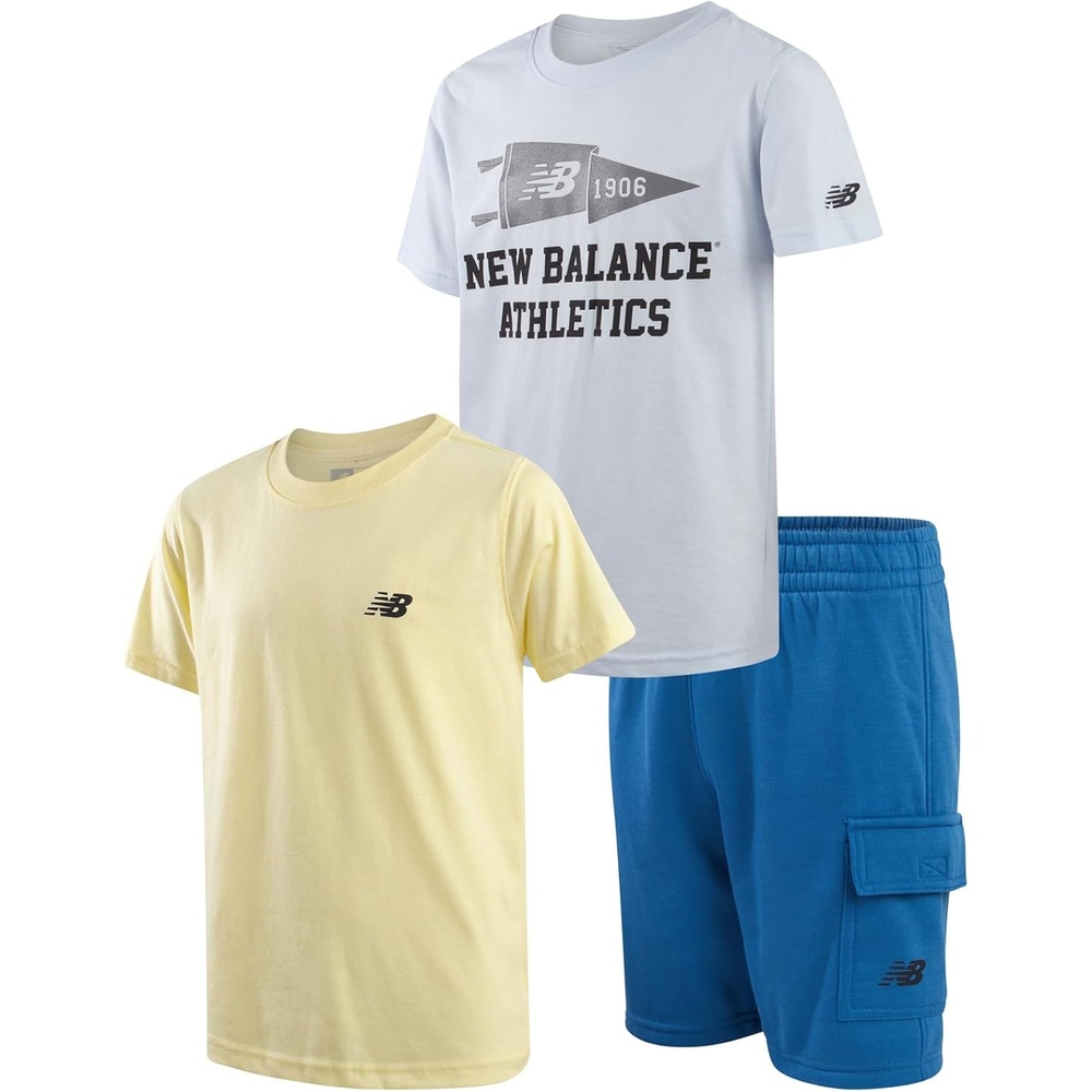 image:imageNew Balance Boys 3 Piece Crewneck Graphic Tees amp Performance Shorts 812  Fun Modern Prints Solid Coordinated Tops Easy Dressing Built for Sports Play amp Practical Everyday Summer WearBlue Parchment