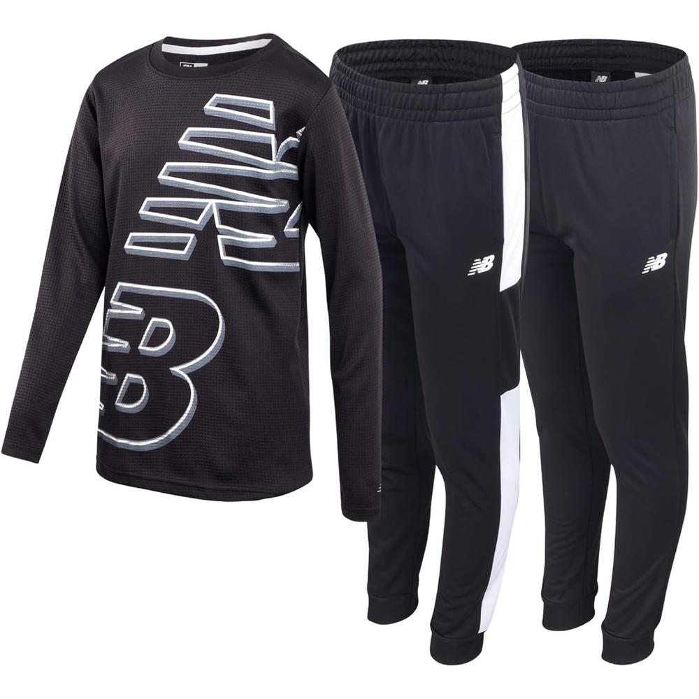 image:imageNew Balance Boys 3 Piece Waffle Knit Thermal Shirt amp Jogger Sweatpants  Breathable Lightweight Warmth Two Bottoms with Contrast Panels Details for Quick Changes Great for Play Or ErrandsBlackBlack