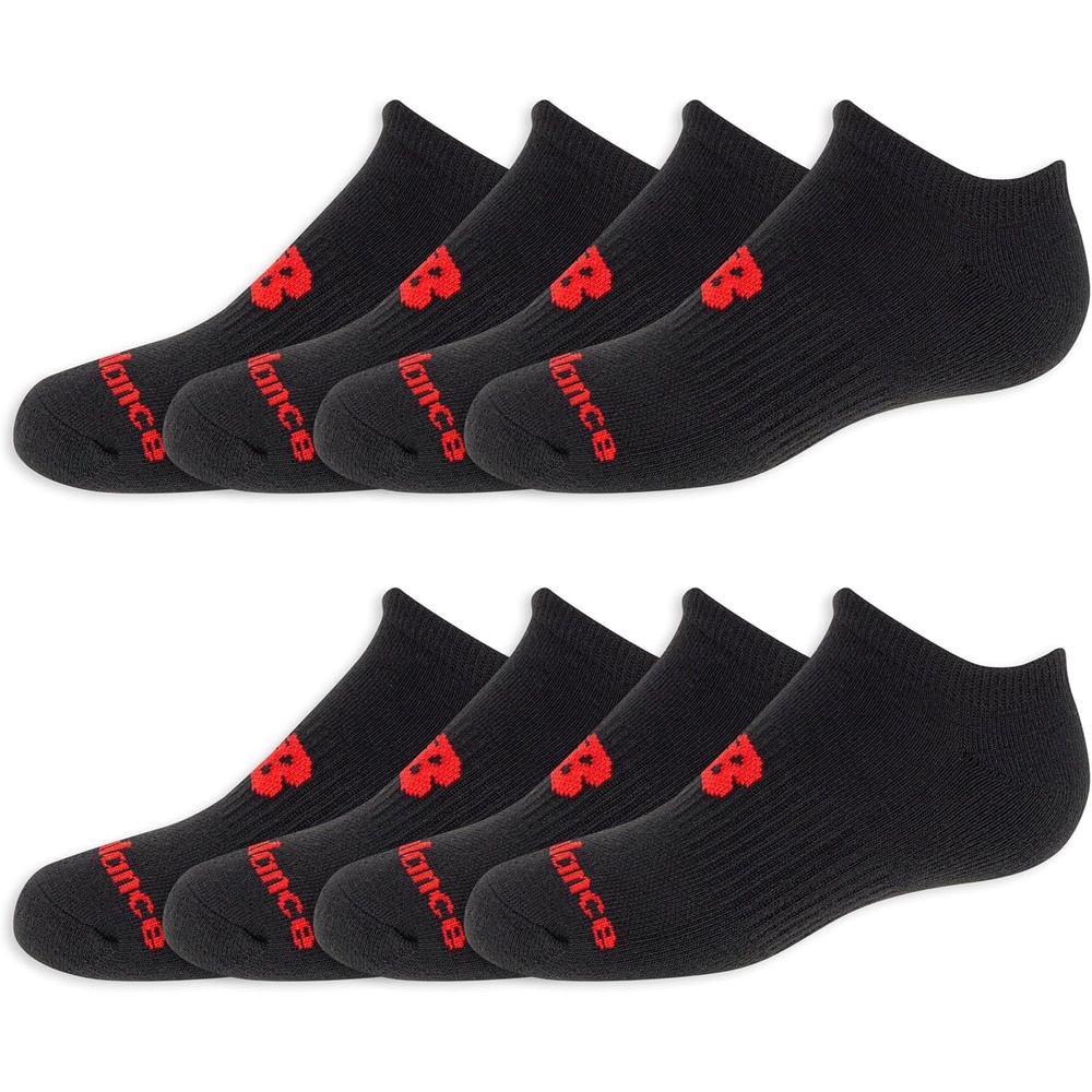 image:imageNew Balance Kids Performance Cushioned No Show Socks  8 Pairs  Breathable Mesh Arch SupportBlack Red Logo