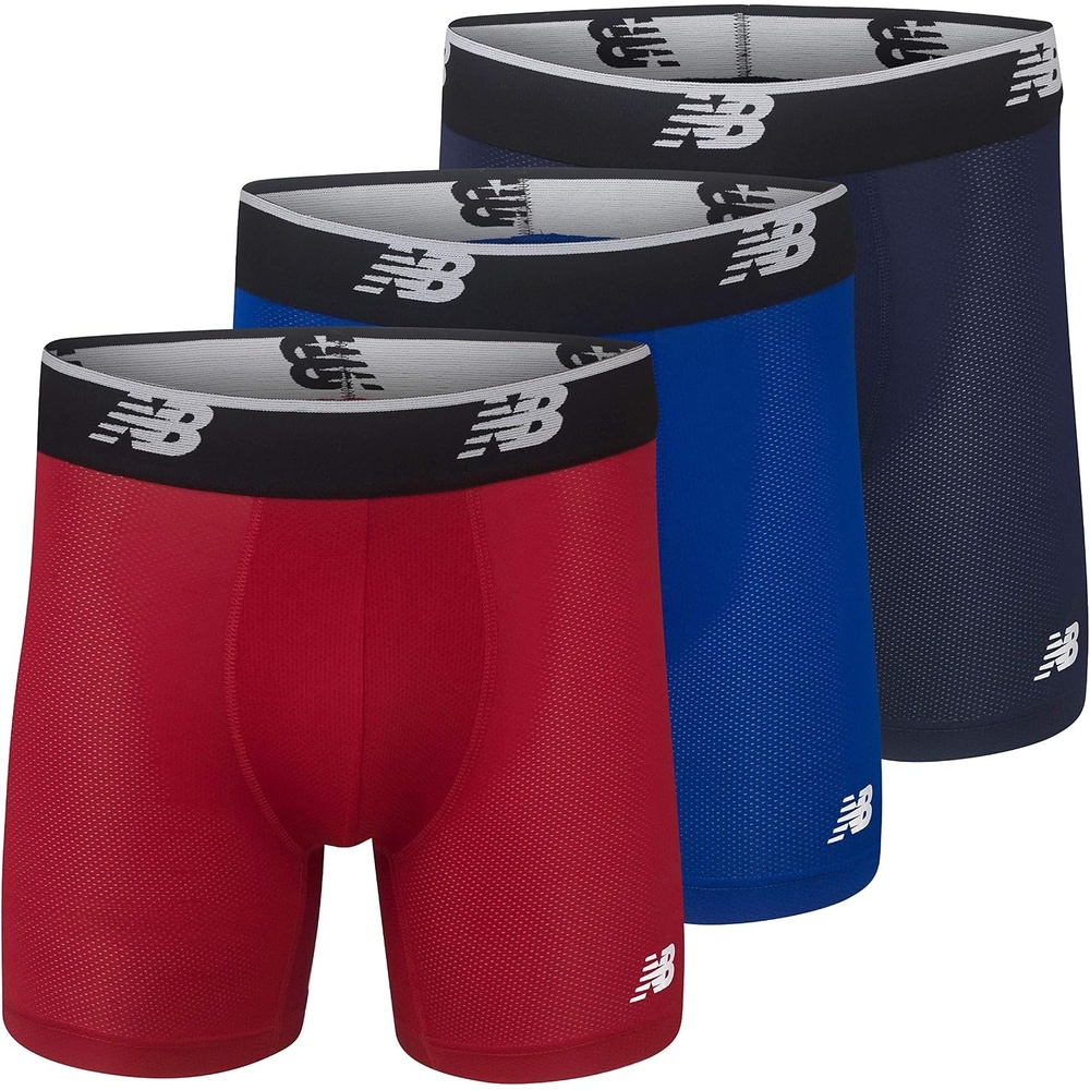 image:imageNew Balance Mens No Fly Boxer Brief Underwear with Jacquard Waistband Breathable Lightweight Moisture Wicking 3 PackTeam RedPigmentTeam Royal