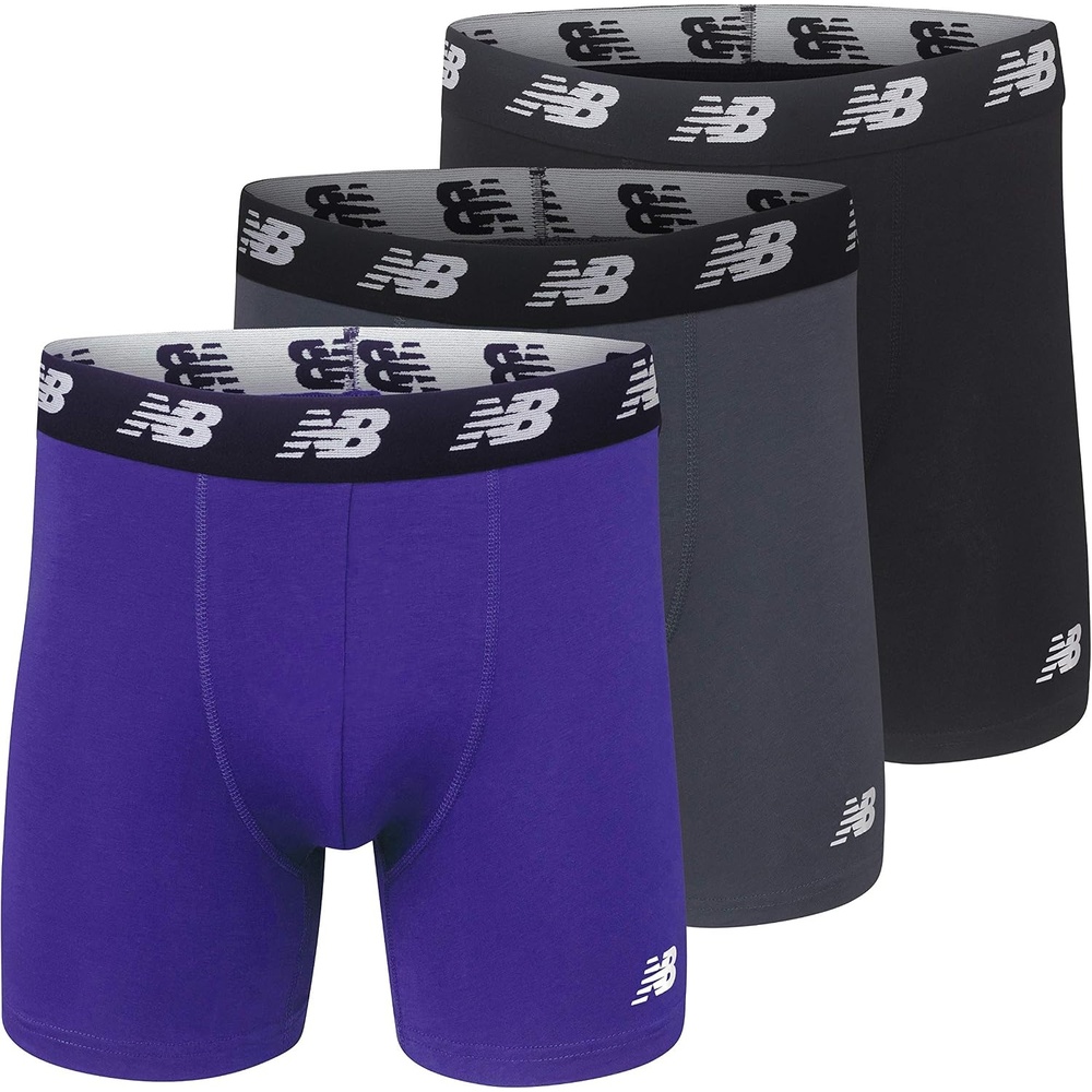 image:imageNew Balance Mens Velocity Cotton Breathable Lightweight No Fly Boxer Briefs Underwear 3 PackPrism PurpleLeadBlack