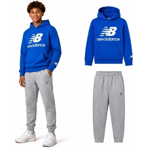 New Balance Boys 2 Piece Fleece Pullover Hoodie & Jogger Sweatpants 8-20 | Brushed Soft Warmth, Kangaroo & Side Pockets with Ribbed Cuffs, Ready for School, Travel, Sports or Lounging(Blue Oasis Grey)