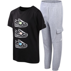 New Balance Boys 2 Piece Graphic Tee & Athletic Jogger Pants Set, Youth Kid | Stretchy Waistband with Soft Breathable Jersey, Fun Modern Prints Built for Recess, Weekend Play & School Days(Black/Grey Sneaker)