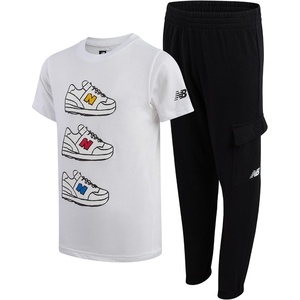 New Balance Boys 2 Piece Graphic Tee & Athletic Jogger Pants Set, Youth Kid | Stretchy Waistband with Soft Breathable Jersey, Fun Modern Prints Built for Recess, Weekend Play & School Days(White/Black Sneaker)