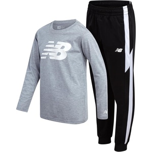 New Balance Boys 2 Piece Jersey Shirt & Tricot Jogger Sweatpants 8-16 | Lightweight Breathable Knit, Smooth Sporty Feel, Unrestricted Movement for School, Practice Or Outdoor Play(Grey/Black)