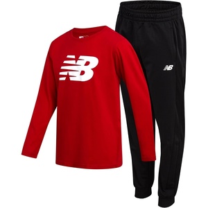 New Balance Boys 2 Piece Jersey Shirt & Tricot Jogger Sweatpants 8-16 | Lightweight Breathable Knit, Smooth Sporty Feel, Unrestricted Movement for School, Practice Or Outdoor Play(Red/Black)