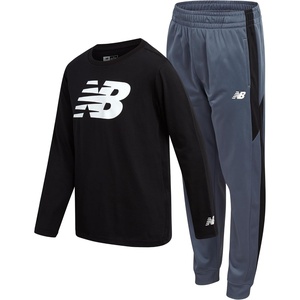 New Balance Boys 2 Piece Jersey Shirt & Tricot Jogger Sweatpants 8-16 | Lightweight Breathable Knit, Smooth Sporty Feel, Unrestricted Movement for School, Practice Or Outdoor Play(Black Lead)