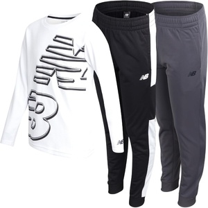 New Balance Boys 3 Piece Waffle Knit Thermal Shirt & Jogger Sweatpants | Breathable Lightweight Warmth, Two Bottoms with Contrast Panels Details for Quick Changes, Great for Play Or Errands(White/Black)