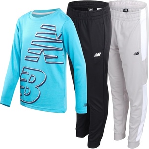 New Balance Boys 3 Piece Waffle Knit Thermal Shirt & Jogger Sweatpants | Breathable Lightweight Warmth, Two Bottoms with Contrast Panels Details for Quick Changes, Great for Play Or Errands(Sky/Raincloud)