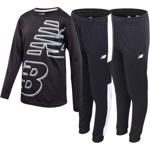 New Balance Boys 3 Piece Waffle Knit Thermal Shirt & Jogger Sweatpants | Breathable Lightweight Warmth, Two Bottoms with Contrast Panels Details for Quick Changes, Great for Play Or Errands(Black/Black)