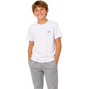 New Balance Boys Shirt Short Sleeve Cotton T-Shirt with Chest Logo Patch | Soft Cotton Feel, Relaxed Fit, Clean Long-Lasting Stitching Support Easy Movement for School, Sports, Play or Downtime(Bright White)
