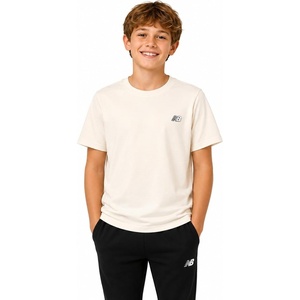New Balance Boys Shirt Short Sleeve Cotton T-Shirt with Chest Logo Patch | Soft Cotton Feel, Relaxed Fit, Clean Long-Lasting Stitching Support Easy Movement for School, Sports, Play or Downtime(Linen)