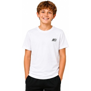 New Balance Boys Shirt Short Sleeve Cotton T-Shirt with Chest Logo Patch | Soft Cotton Feel, Relaxed Fit, Clean Long-Lasting Stitching Support Easy Movement for School, Sports, Play or Downtime(White)