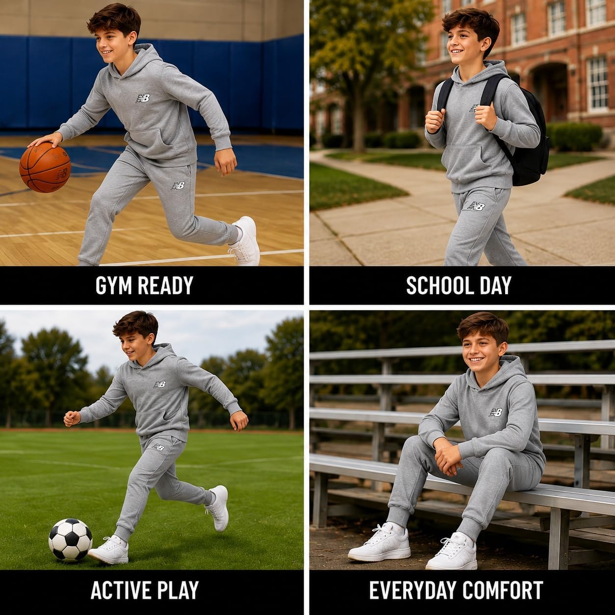 image:imageNew Balance Boys Sweatpants Set 2 Piece Fleece Pullover Boys Hoodie and Athletic Jogger Pants Youth Kids Activewear SetGrey