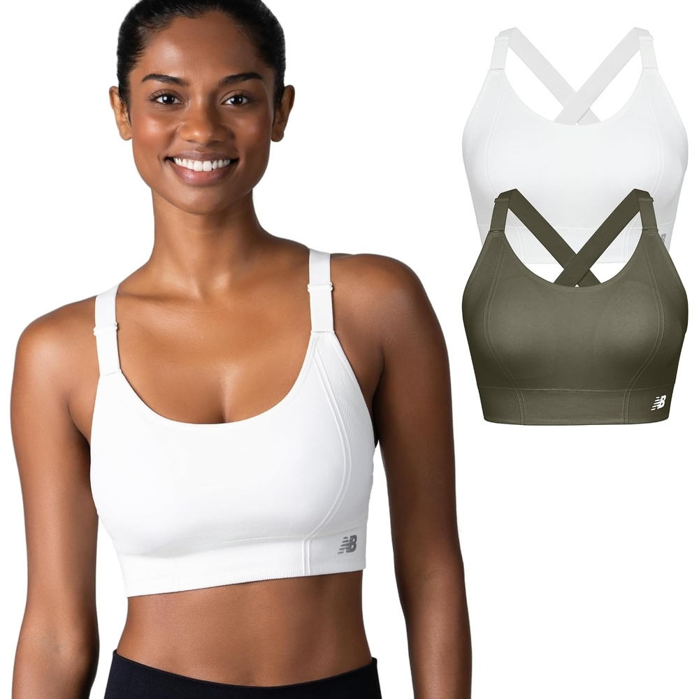 image:imageNew Balance 2 Pack Sports Bras for Women Seamless Wirefree Womens Sports Bra with Removable Pads Athletic Wear for WorkoutWhiteOlive