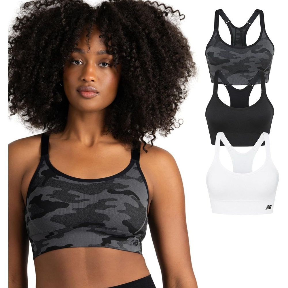image:imageNew Balance 3 Pack Seamless Sports Bras for Women Cami Keyhole Breathability Gym Sports Bra Yoga Workout SetCamo