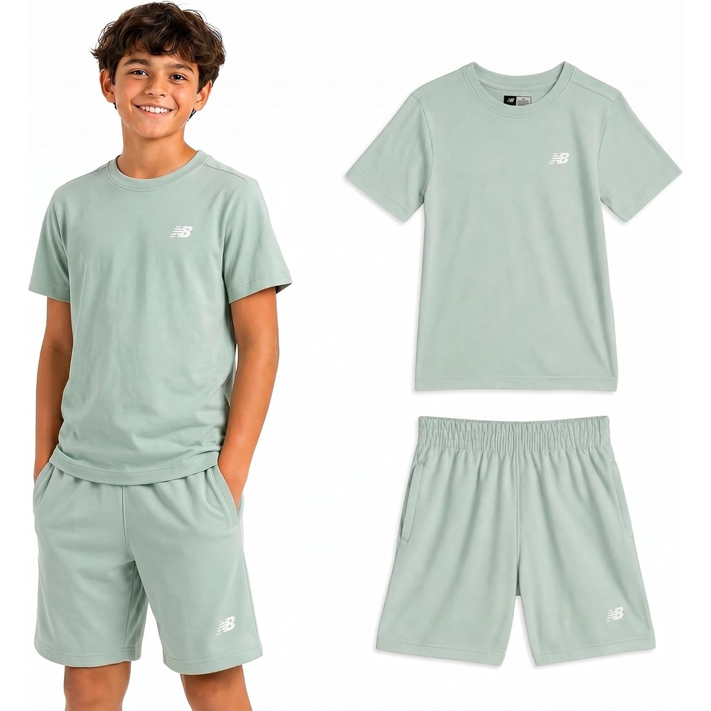 image:imageNew Balance Boys 2 Piece Cotton Blend Jersey Shirt amp Basketball Shorts  Bold Front Design Breathable Short Sleeve Top Flexible Fit Built for Sports Play amp Confident Everyday Youth StyleClay Ash