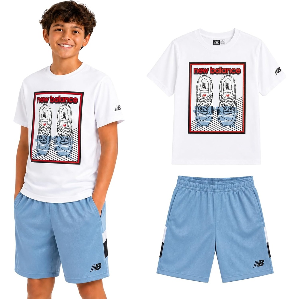 image:imageNew Balance Boys 2 Piece Cotton Blend Jersey Shirt amp Basketball Shorts  Bold Front Design Breathable Short Sleeve Top Flexible Fit Built for Sports Play amp Confident Everyday Youth StyleWhite Stillblue
