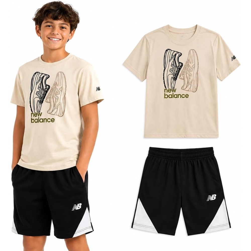 image:imageNew Balance Boys 2 Piece Cotton Blend Jersey Shirt amp Basketball Shorts  Bold Front Design Breathable Short Sleeve Top Flexible Fit Built for Sports Play amp Confident Everyday Youth StyleLinenBlack