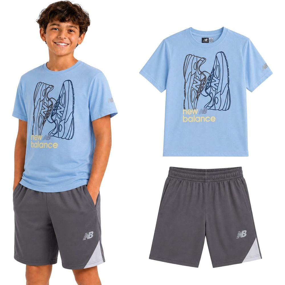 image:imageNew Balance Boys 2 Piece Cotton Blend Jersey Shirt amp Basketball Shorts  Bold Front Design Breathable Short Sleeve Top Flexible Fit Built for Sports Play amp Confident Everyday Youth StyleElectric Sky Grey