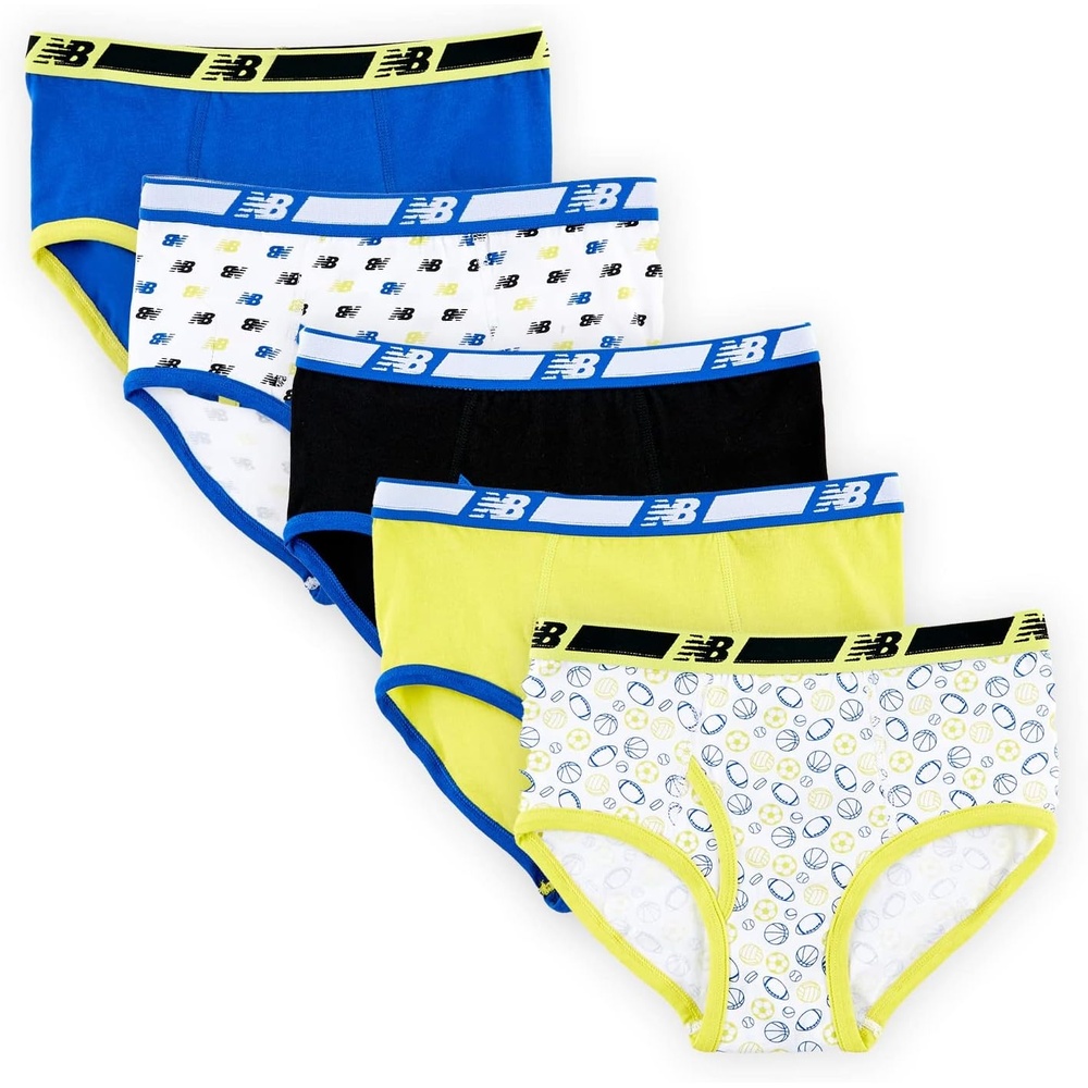 image:imageNew Balance Boys Nonbrushed Jersey Performance Wicking Cotton Brief Underwear 5 PackHiliteSports BallLogo BgTeam RoyalBlack