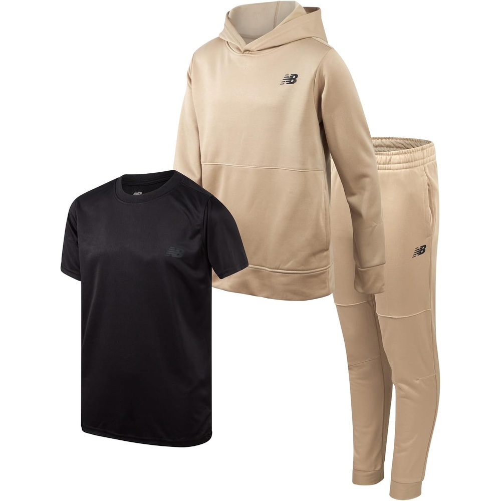 image:imageNew Balance Boys Pants Set 3 Piece Tee Pullover Hoodie and Joggers  Pullover Style Elastic Waistband and Ribbed Cuffs with a Graphic Print Lightweight Warmth for Easy Layering School or PlayStone Black