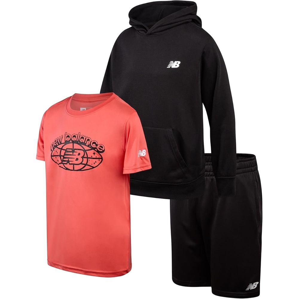 image:imageNew Balance Boys Short Set  3 Piece Athletic Shirt Pullover Hoodie Sweatshirt amp Boy Active Shorts  Activewear Set for BoysZip Black Red