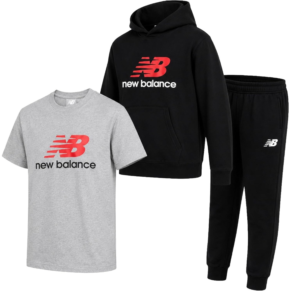 image:imageNew Balance Boys Sweatsuit 3 Piece Athletic Shirt Hoodie and Jogger SetBlack Grey Black