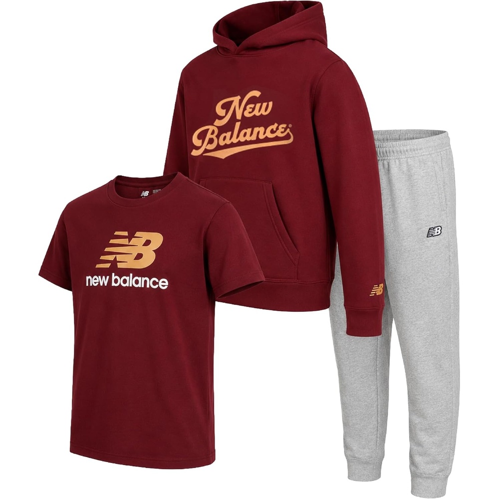 image:imageNew Balance Boys Sweatsuit 3 Piece Athletic Shirt Hoodie and Jogger SetBurgundy Grey