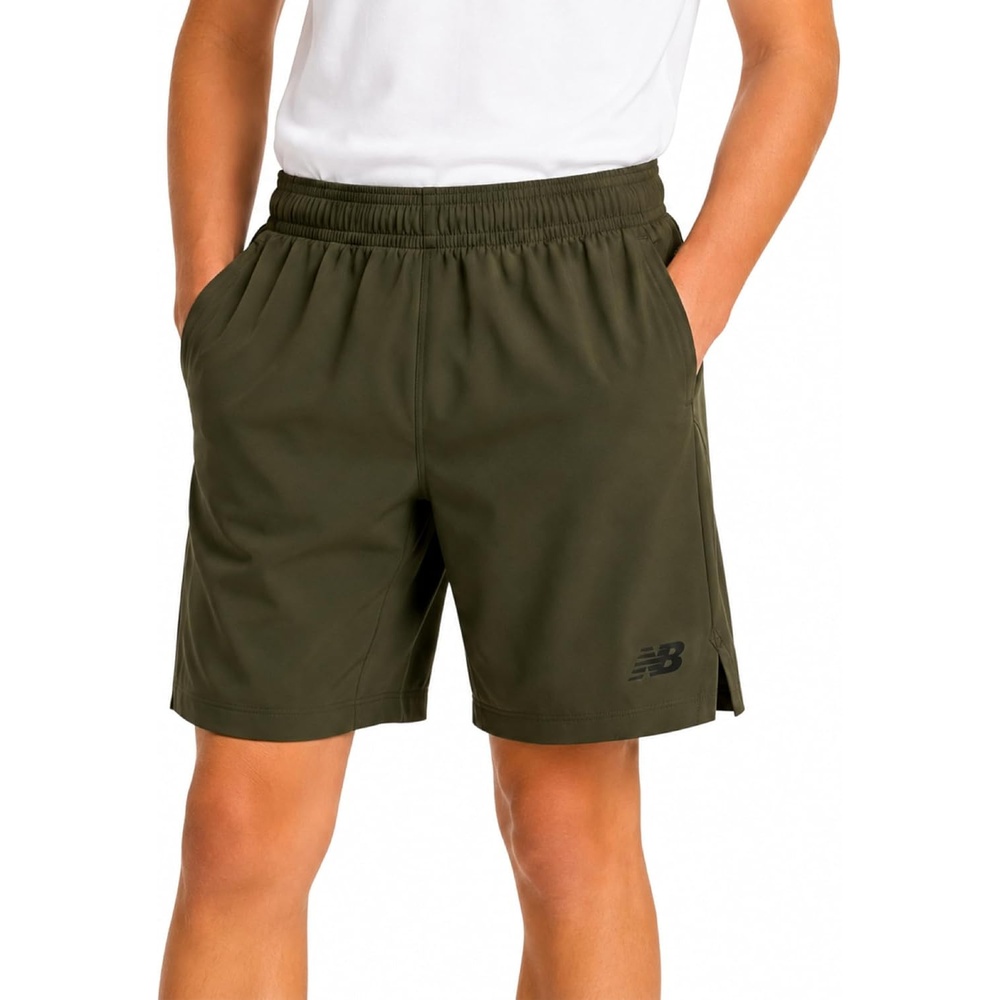 image:imageNew Balance Boys Woven Shorts Basketball Soccer Running Gym Kids Fit  Smooth Stretch Moves with Him Flexible Waistband Secure Pockets Easy PullOn Fits Ages 8 to 20Dark Olivine