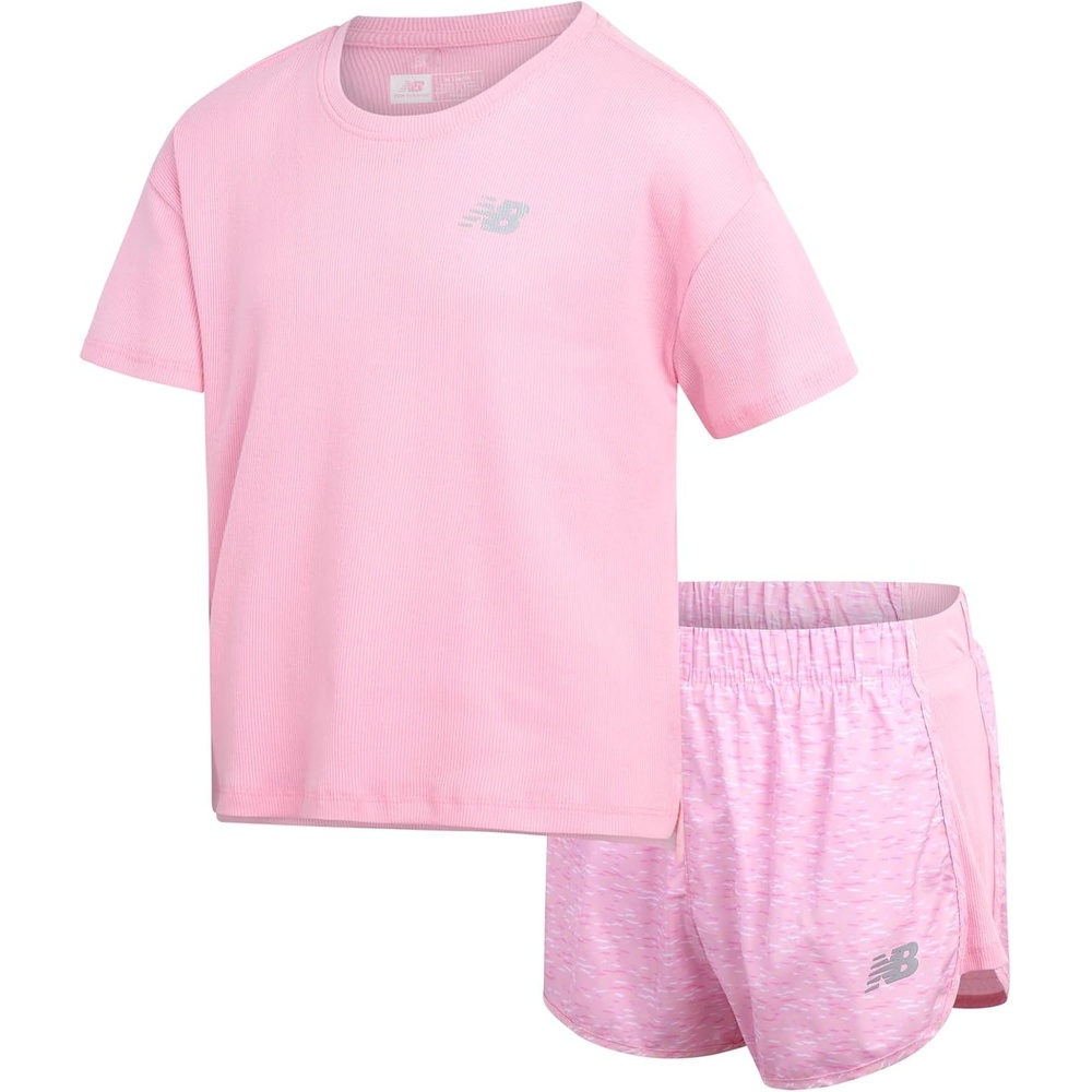 image:imageNew Balance Girls 2 Piece Ribbed Shirt amp Athletic Shorts Summer Outfit Set  Soft Stretch Texture Breathable Airflow Flexible Motion Everyday Comfort for School Practice Travel amp Casual DaysOrbit Pink
