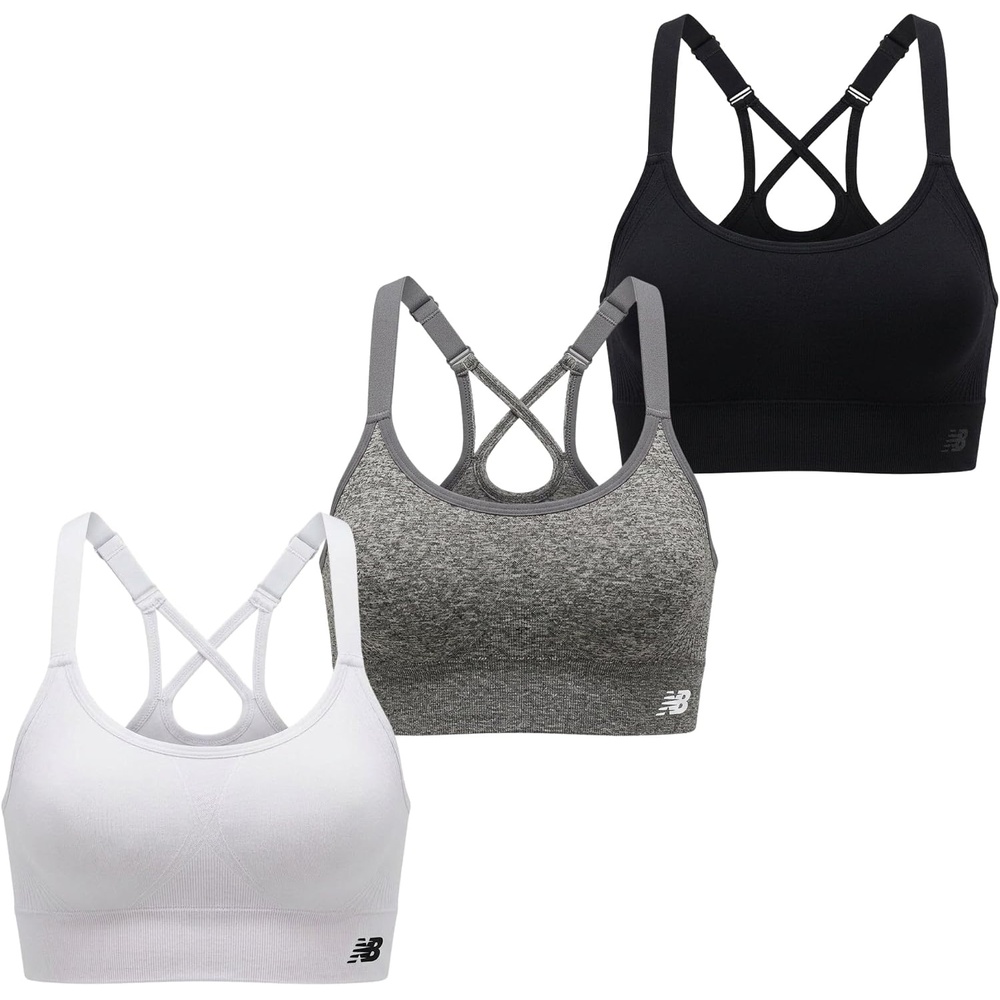 image:imageNew Balance Womens Seamless Strappy Sports Bra 3 Pack  Wirefree Athletic Bralette for Yoga Training and Comfort WearWhiteBlackGray