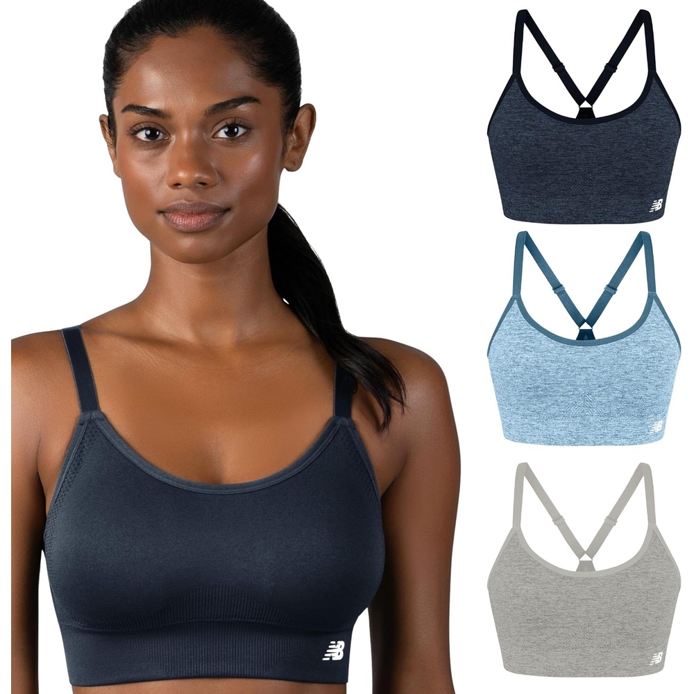 image:imageNew Balance Womens Sports Bras 3 Pack Seamless Cami Removable Pads Medium Impact Gym Sports Bra for Women Workout SetNavy  Blue  Grey