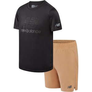 New Balance Boys 2 Piece Athletic Shirt & Basketball Shorts with Pockets | Breathable Lightweight Feel, Flexible Relaxed Design, Built for Running, Training, Recess, Casual Wear & Busy Days(Black/Desert Clay)