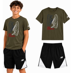 New Balance Boys 2 Piece Cotton Blend Jersey Shirt & Basketball Shorts | Bold Front Design, Breathable Short Sleeve Top, Flexible Fit Built for Sports, Play & Confident Everyday Youth Style(Dark Olivine/Black)
