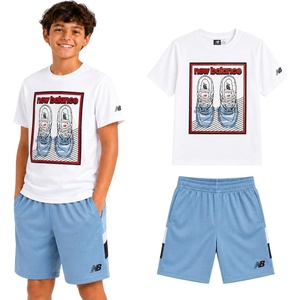 New Balance Boys 2 Piece Cotton Blend Jersey Shirt & Basketball Shorts | Bold Front Design, Breathable Short Sleeve Top, Flexible Fit Built for Sports, Play & Confident Everyday Youth Style(White Stillblue)