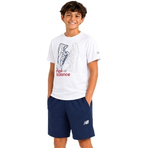New Balance Boys 2 Piece Cotton Blend Jersey Shirt & Basketball Shorts | Bold Front Design, Breathable Short Sleeve Top, Flexible Fit Built for Sports, Play & Confident Everyday Youth Style(White Nb Navy)