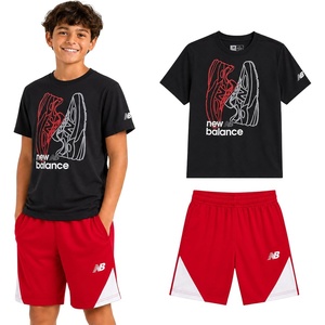 New Balance Boys 2 Piece Cotton Blend Jersey Shirt & Basketball Shorts | Bold Front Design, Breathable Short Sleeve Top, Flexible Fit Built for Sports, Play & Confident Everyday Youth Style(New Black Red)