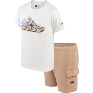 New Balance Boys 2 Piece Short Sleeve T-Shirt & Fleece Cargo Shorts 8-12 | Standout Graphic Look, Smooth Durable Feel, Flexible Bottoms Built for Sports, Active Routines & Everyday Play(Sea Salt Clay)