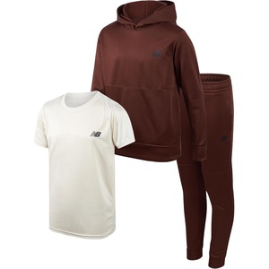 New Balance Boys Pants Set 3 Piece Tee Pullover Hoodie and Joggers | Pullover Style, Elastic Waistband and Ribbed Cuffs with a Graphic Print, Lightweight Warmth for Easy Layering, School or Play(Rich Oak Linen)