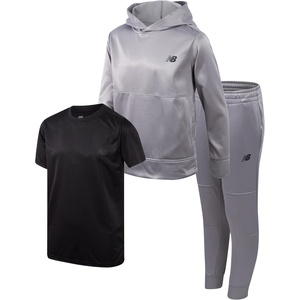 New Balance Boys Pants Set 3 Piece Tee Pullover Hoodie and Joggers | Pullover Style, Elastic Waistband and Ribbed Cuffs with a Graphic Print, Lightweight Warmth for Easy Layering, School or Play(Team Grey Black)