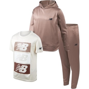 New Balance Boys Pants Set 3 Piece Tee Pullover Hoodie and Joggers | Pullover Style, Elastic Waistband and Ribbed Cuffs with a Graphic Print, Lightweight Warmth for Easy Layering, School or Play(Mushroom Linen)