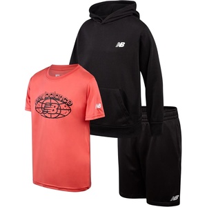 New Balance Boys Short Set – 3 Piece Athletic Shirt Pullover Hoodie Sweatshirt & Boy Active Shorts – Activewear Set for Boys(Zip Black Red)