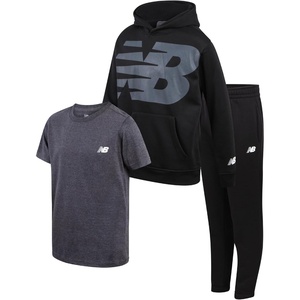 New Balance Boys Sweatsuit 3 Piece Athletic Shirt, Hoodie and Jogger Set(Deep Black)