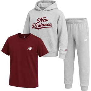 New Balance Boys Sweatsuit 3 Piece Athletic Shirt, Hoodie and Jogger Set(Grey Burgundy)