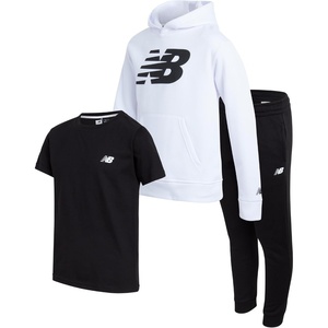 New Balance Boys Sweatsuit 3 Piece Athletic Shirt, Hoodie and Jogger Set(White Black)