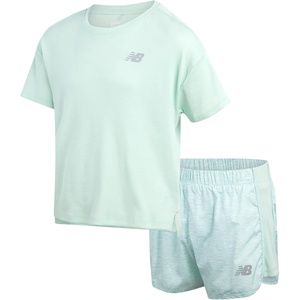New Balance Girls 2 Piece Ribbed Shirt & Athletic Shorts Summer Outfit Set | Soft Stretch Texture, Breathable Airflow, Flexible Motion, Everyday Comfort for School, Practice, Travel & Casual Days(Cosmic Jade)