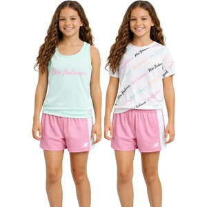 New Balance Girls 3 Piece Athletic T Shirt, Tank Top & Shorts Summer Outfit | Breathable Lightweight Feel, Airy Coverage, Soft Flexibility, Mix-and-Match Pieces Built for Play, School & Warm Days(Surf White Pink)