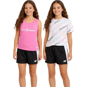 New Balance Girls 3 Piece Athletic T Shirt, Tank Top & Shorts Summer Outfit | Breathable Lightweight Feel, Airy Coverage, Soft Flexibility, Mix-and-Match Pieces Built for Play, School & Warm Days(Pink/White/Black)